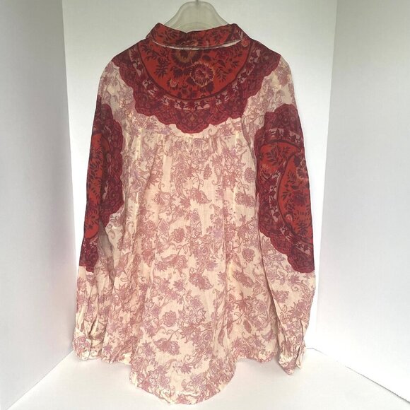 Free People Rose Bud Paisley Cotton Oversized Boho Blouse Red Cream Lightweight - Picture 3 of 14